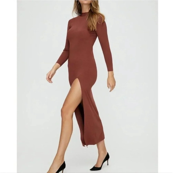 NWT BABATON Leopold Dress Maxi Mock Neck Dive Blue Grey Slit XS Aritzia - Picture 2 of 13